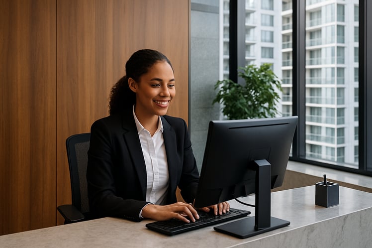professional behind computer at front desk high rise condo building do not add the words condo building to the image-1