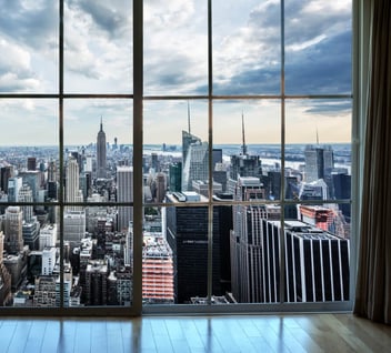 View of city skyline from a window