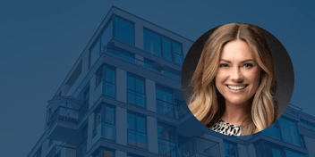 Headshot of Emily Hart on background of modern apartment