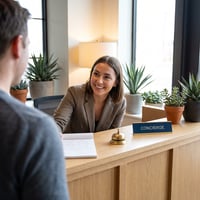 concierge smiling at front desk expecting tip
