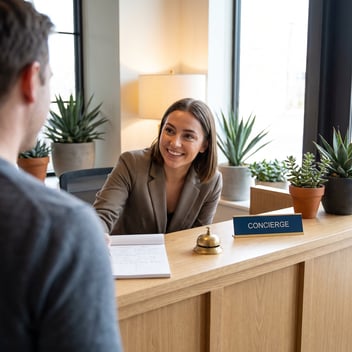 concierge smiling at front desk expecting tip