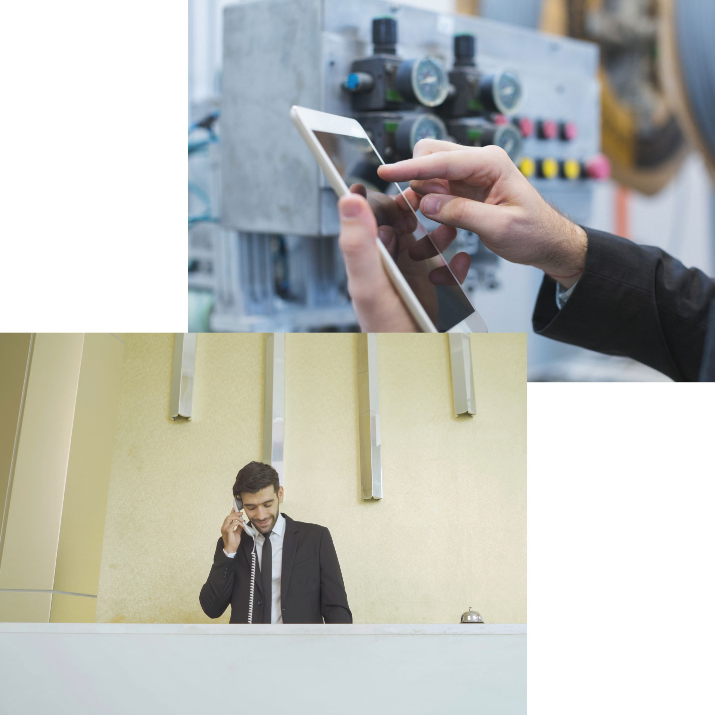 closeup of hand and tablet and man at front desk
