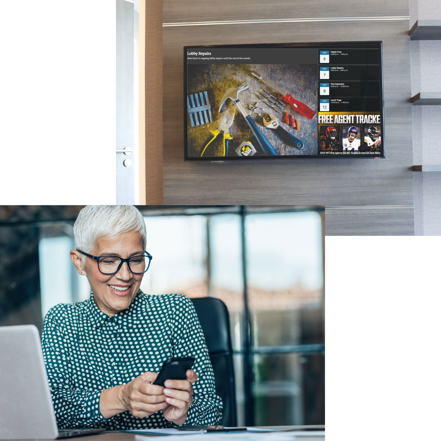 tv screen and smiling woman using phone